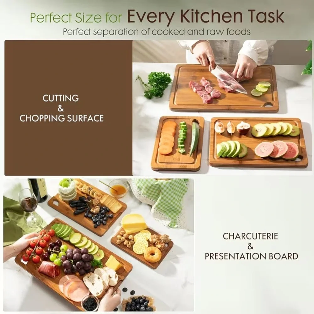 Bamboo Cutting Boards with Wood Storage Stand Deep Carbonized Grooved 3 Sizes